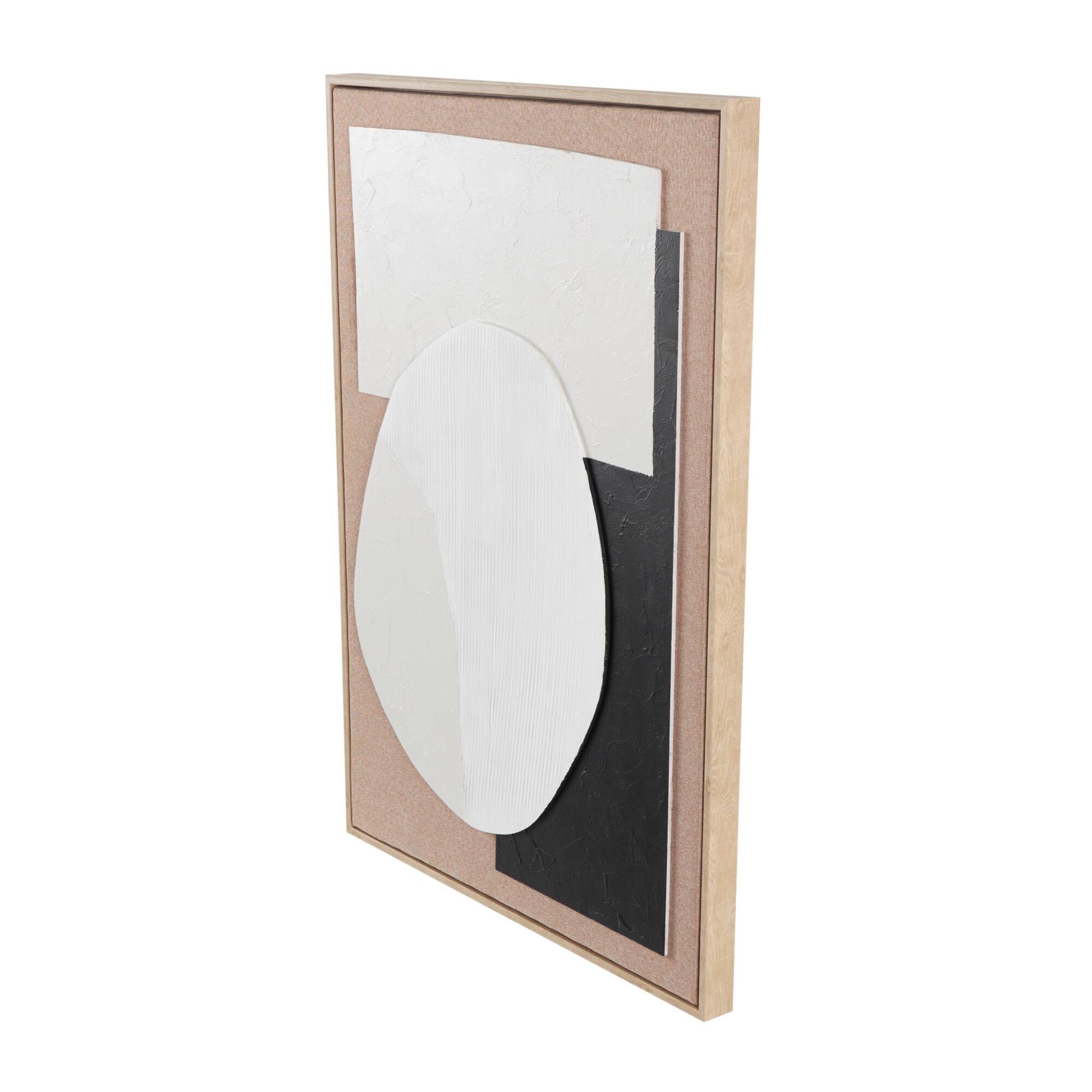 Brown Wooden Geometric Textured Home Wall Décor with Abstract Black and White Shapes and Fabric Backing